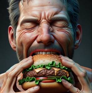 Ilustração de um homem mordendo um hamburguer.