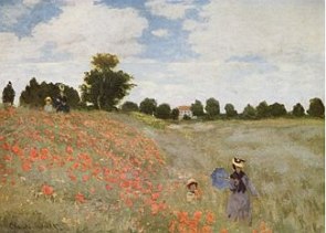 Pintura mostrando uma mulher e uma criança num campo florido com árvores atrás