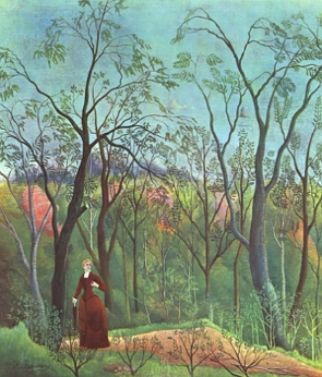 Pintura de uma mulher de vestido vermelho passeando por uma floresta