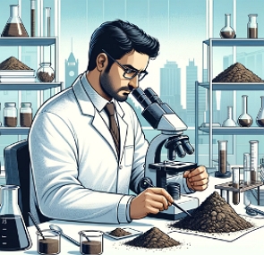 Ilustração de um pedólogo fazendo o estudo do solo em seu laboratório