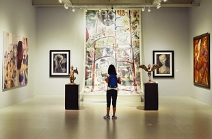 Pessoa num museu contemplando quadros