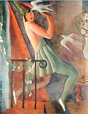 Pintura de uma mulher segurando um pássaro branco