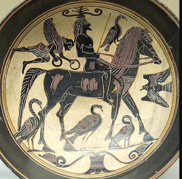 Pintura grega mostrando um esparc&iacute;ata em seu cavalo