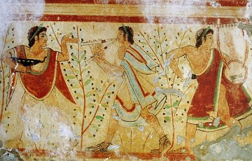 Pintura etrusca mostrando dan&ccedil;arino e m&uacute;sicos