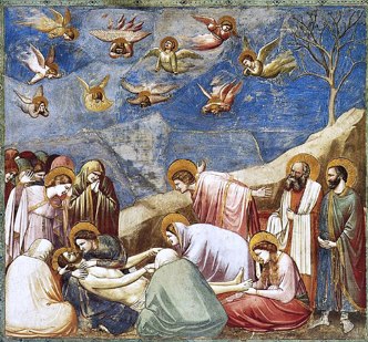 Pintura religiosa sobre a morte de Jesus, mostrando anjos no c&eacute;u