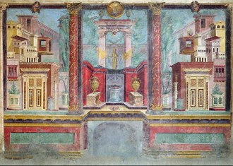 Pintura de um mural retratando casas e constru&ccedil;&otilde;es romanas