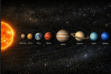 Imagem did&aacute;tica com os planetas do sistema solar alinhados