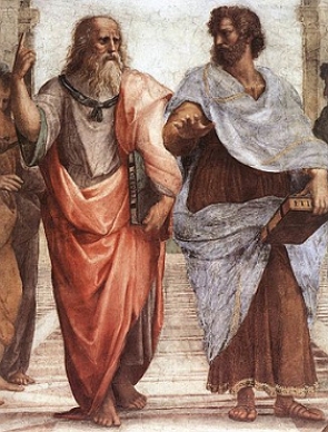 Pintura mostrando os filósofos Platão e Aristóteles caminhando e conversando