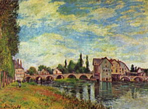 Pintura A ponte e os Moinhos de Moret de Alfred Sisley