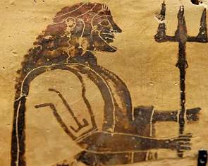 Pintura do deus grego Poseidon segurando um tridente