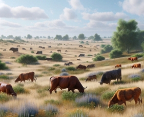 Ilustração de Bois e vacas pastando numa pradaria