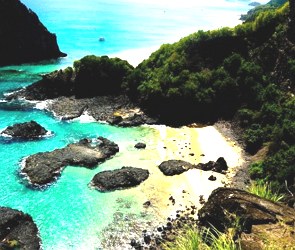 Foto de praiacom arvores, pedras, água azul do mar e areia.