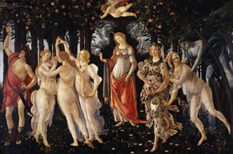 Pintura Primavera com mulheres e um homem retratados numa floresta e um anjo acima.