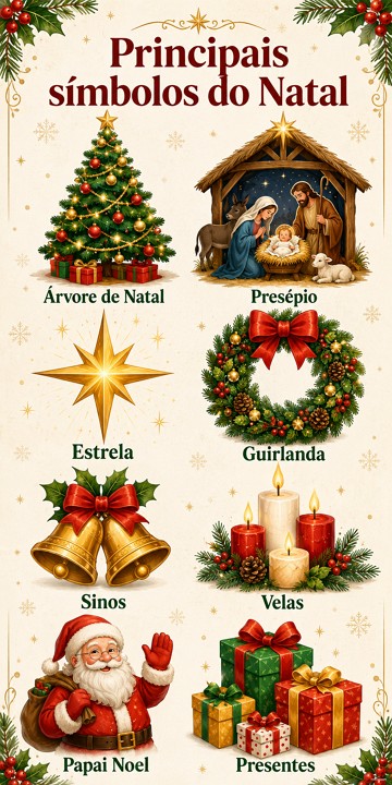 Ilustra&ccedil;&atilde;o mostrando os principais s&iacute;mbolos do Natal