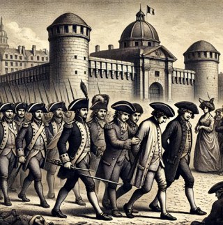 Ilustra&ccedil;&atilde;o mostrando Soldados franceses prendendo um opositor franc&ecirc;s