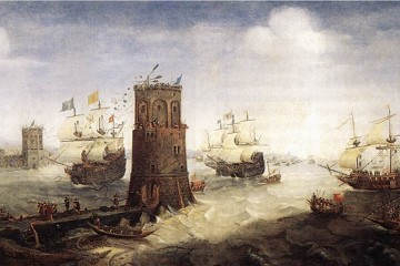 Embarca&ccedil;&otilde;es cruzadas fazendo o cerco ao porto eg&iacute;pcio na Quinta Cruzada.