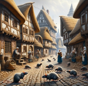 Ilustração mostrando ratos numa rua de uma cidade medieval