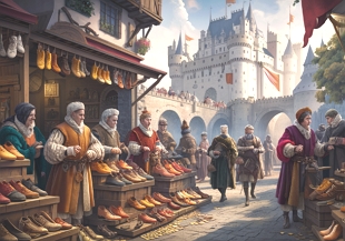 Ilustra&ccedil;&atilde;o mostrando uma feira comercial pr&oacute;xima a um castelo no final da Idade M&eacute;dia