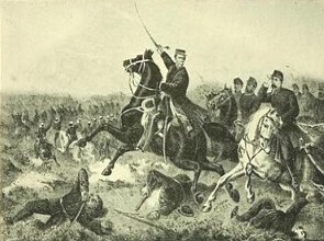 Pintura em preto e branco de uma batalha mostrando ao centro um homem num cavalo preto erguendo uma espada