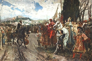 Imagem mostrando os mu&ccedil;ulmanos se rendendo aos espanh&oacute;is em 1492.