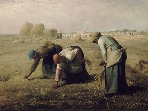 Pintura de uma cena rural mostrando três mulheres colhendo trigo