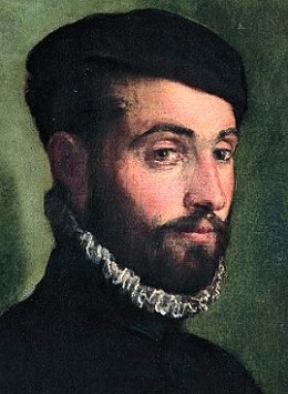 Pintura de um homem branco de barba, usando uma blusa preta de gola alta e uma espécie de boina preta.