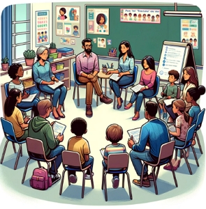 Ilustração mostrando uma reunião de pais, alunos e professores numa sala de aula.