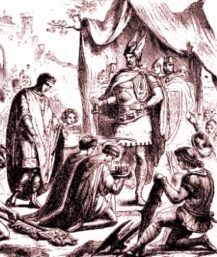 Ilustração mostrando o imperador romano Rômulo Augusto abdicando ao poder em nome de Odoacro