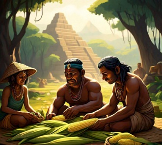 Ilustra&ccedil;&atilde;o mostrando agricultores maias fazendo a separa&ccedil;&atilde;o de milho