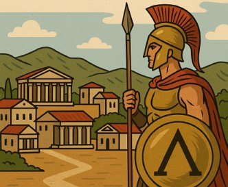 Ilustra&ccedil;&atilde;o mostrando um soldado espartano e ao fundo a cidade de Esparta