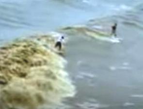 Surfistas surfando na pororoca do rio Amazonas
