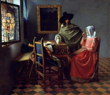 Pintura mostrando um homem e uma mulher numa mesa com uma garrafa