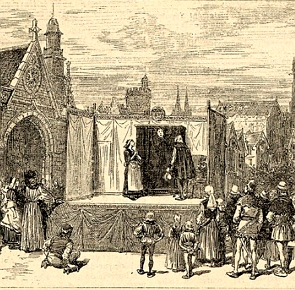 Figura de peça de teatro sendo apresentada ao ar livre na idade Média