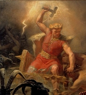 Pintura mostrando um homem loiro, segurando um martelo, com um raio caindo atrás dele