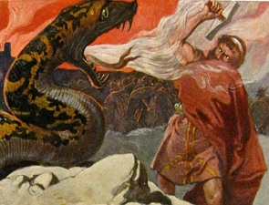 Pintura de um homem loiro, com um martelo, lutando com uma grande serpente