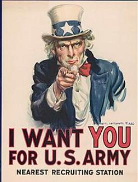 Tio Sam dos Estados Unidos num cartaz de convocação para a Segunda Guerra