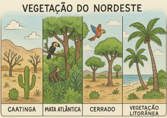Ilustra&ccedil;&atilde;o mostrando figuras representando os quatro tipos de vegeta&ccedil;&atilde;o predominantes no Nordeste do Brasil