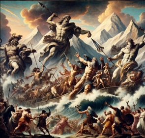 Ilustração representando uma batalha épica entre os deuses gregos e os titãs