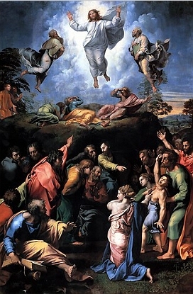 Pintura mostrando Jesus Cristo subindo aos céus com várias pessoas olhando para ele