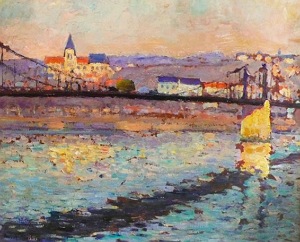 Pintura mostrando uma ponte ferrovi&aacute;ria sobre o rio Sena na Fran&ccedil;a