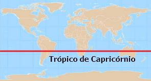 Mapa Mundi mostrando a linha do Trópico de Capricórnio