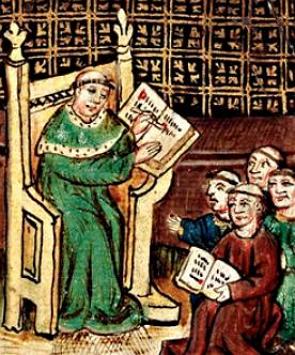 Pintura medieval retratando uma aula numa Universidade da Idade Média