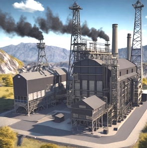 Ilustração de uma usina termoelétrica soltando fumaça