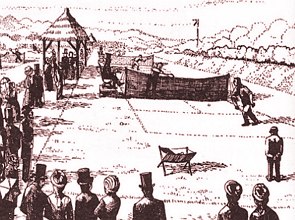 Ilustração antiga mostrando jogadores de tênis e pessoas assistindo