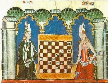 Pintura medieval mostrando duas mulheres nobres jogando xadrez